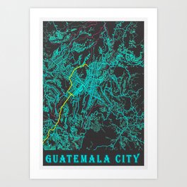 Guatemala City Neon City Art Print | Ocean, Painting, Towel, Neon, Travel, Mountain, Maps, City, United, Skyline 