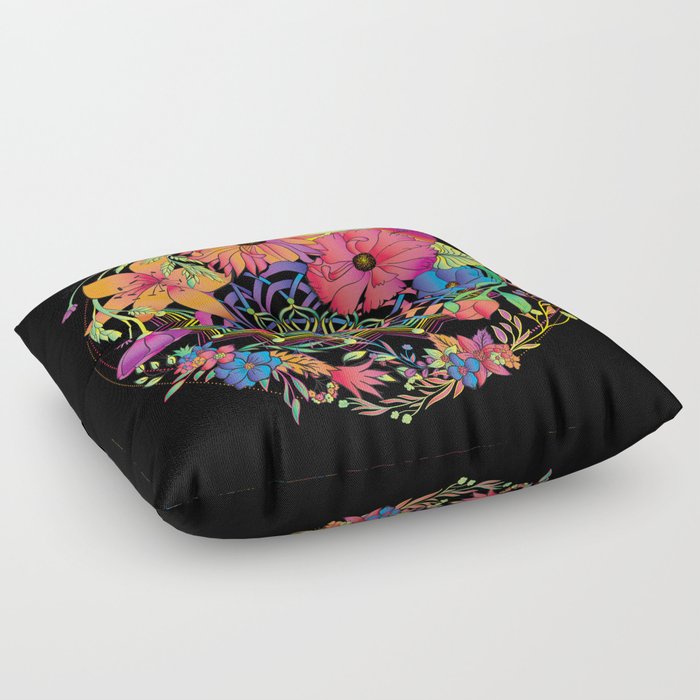 Neon Mandala and Flowers Floor Pillow