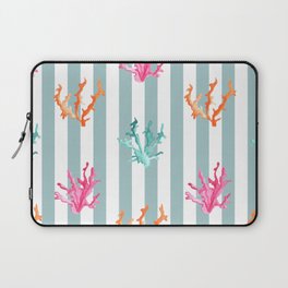 Colorful Coral Reef on Sage Turquoise Blue Stripes Laptop Sleeve