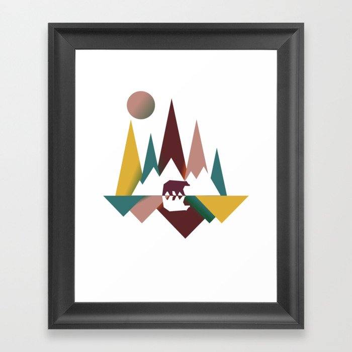 Colorful Vintage Bear In Whimsical Wild and mountains with moon Framed Art Print