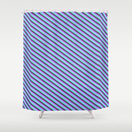 [ Thumbnail: Green, Fuchsia, and Light Sky Blue Colored Striped/Lined Pattern Shower Curtain ]