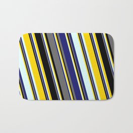 [ Thumbnail: Yellow, Light Cyan, Midnight Blue, Dim Grey & Black Colored Striped Pattern Bath Mat ]