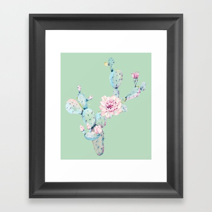 Rose Desert Cactus Mint Green + Pink Framed Art Print