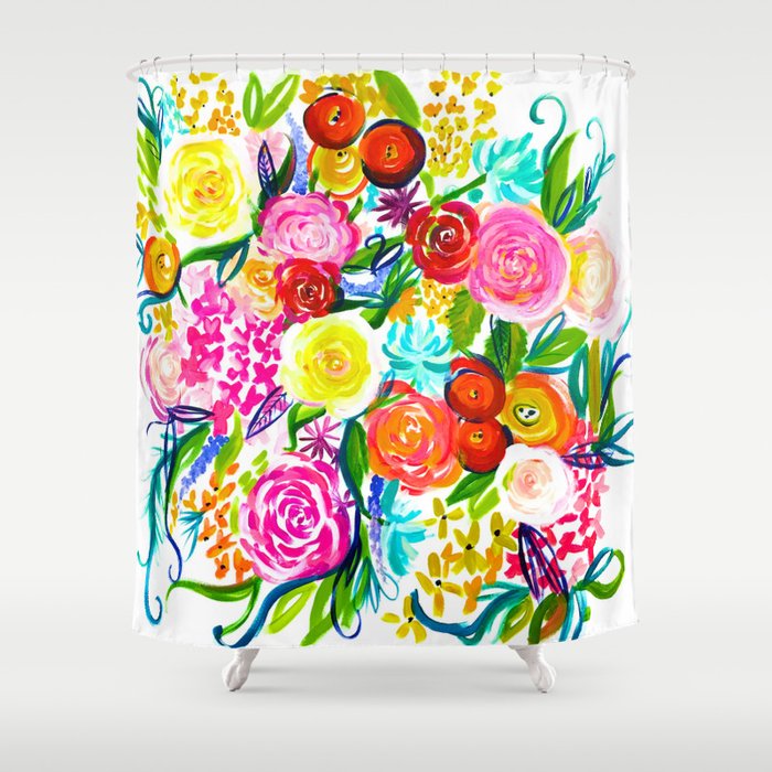 Bright Colorful Floral Painting Shower Curtain By Melissapolomsky