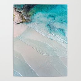 Aerial seascape photography of vibrant blue ocean with shallow waves on the beach Poster