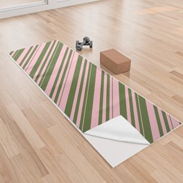 [ Thumbnail: Pink and Dark Olive Green Colored Lines/Stripes Pattern Yoga Towel ]