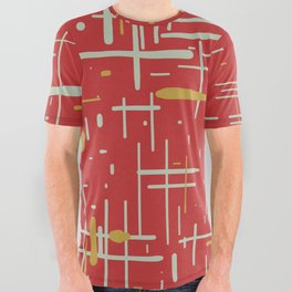 Mid-Century Modern Kinetikos Pattern in Retro Red Gold Celadon All Over Graphic Tee