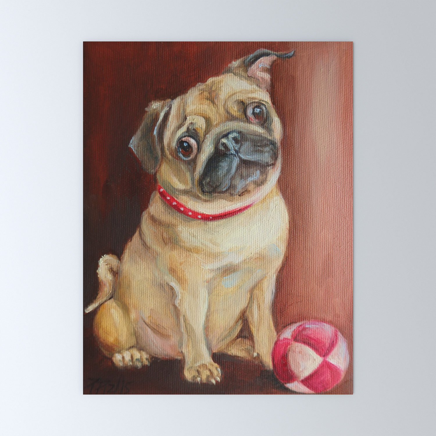 Pug Dog Portrait Cute Pet With Ball Oil Painting On Canvas Mini