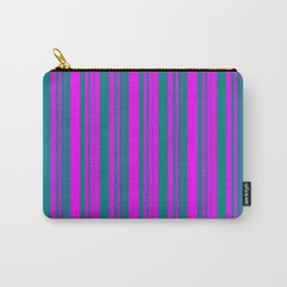 [ Thumbnail: Teal and Fuchsia Colored Pattern of Stripes Carry-All Pouch ]