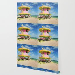 Miami Beach - South Beach lifeguard house art deco pink beach pavilion portrait painting modern art Wallpaper