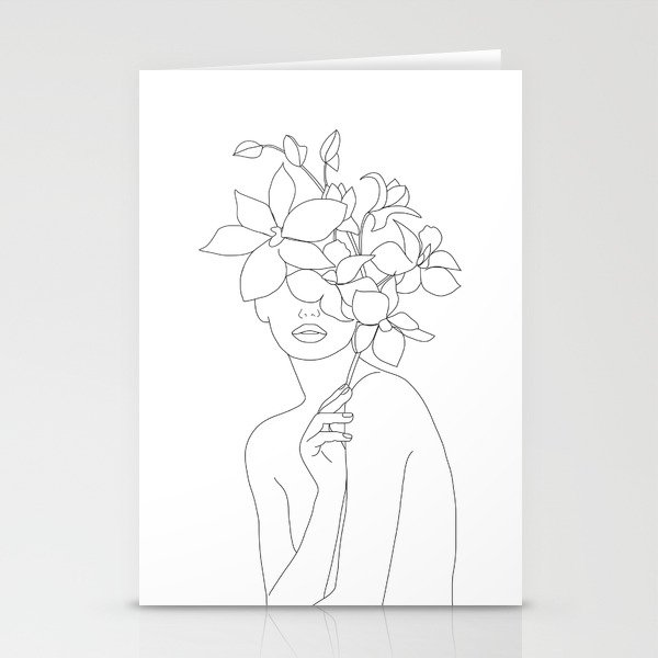 Minimal Line Art Woman with Orchids Stationery Cards