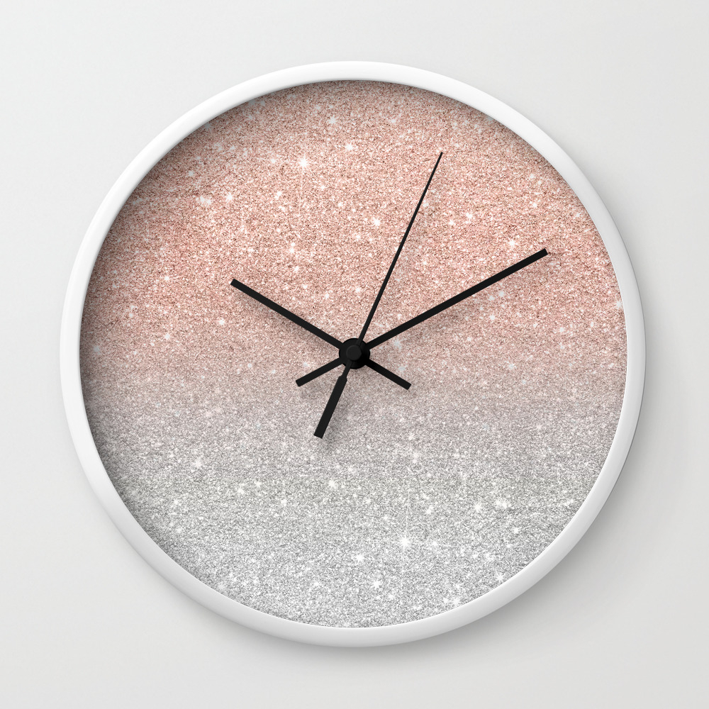 Modern Trendy Rose Gold Glitter Ombre Silver Glitter Wall Clock By