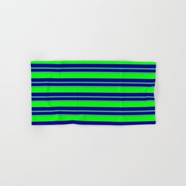 [ Thumbnail: Dark Blue, Sea Green & Lime Colored Lined/Striped Pattern Hand & Bath Towel ]