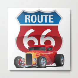 Route 66 Sign with Classic American Red Hotrod Metal Print | Route66, Hot Rod, Vintage, Chrome, Rod, Graphicdesign, 66, Streetrod, Hot, Rt66 