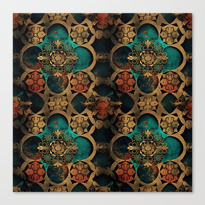 Vintage worn and faded ornamental pattern of flowers and shapes a retro design Canvas Print