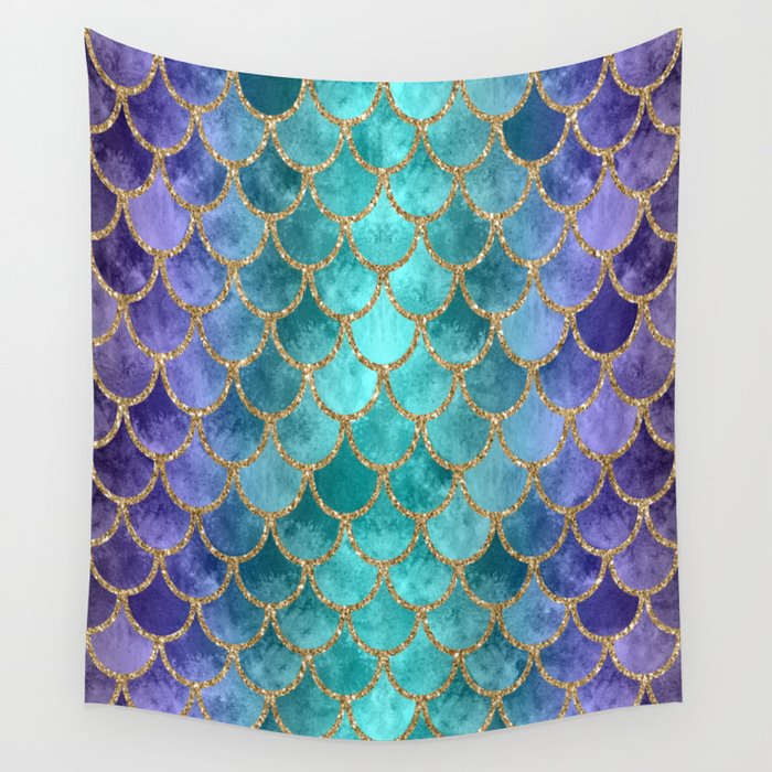 Blue Mermaid Fish Scales (vertical) Wall Tapestry