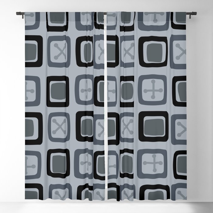 Mid Century Modern Squares Lines Slate Gray Black Blackout Curtain