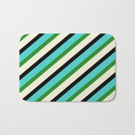 [ Thumbnail: Turquoise, Forest Green, Beige, and Black Colored Lines/Stripes Pattern Bath Mat ]