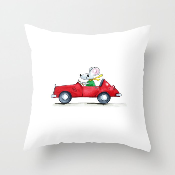 Funny cartoon mouse driving in red sports wagon Throw Pillow