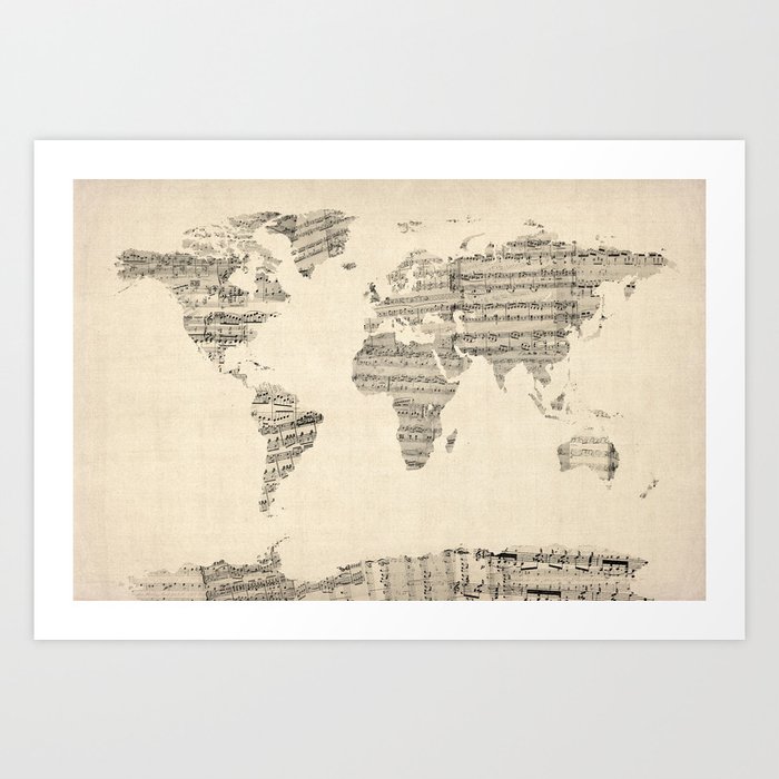 old sheet music world map art print by artpause society6 world map prints