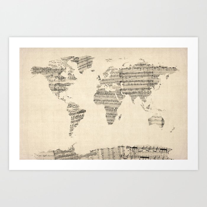 Old Sheet Music World Map Art Print
