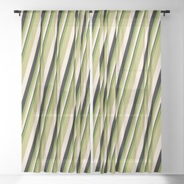[ Thumbnail: Green, Dark Khaki, Beige & Black Colored Stripes/Lines Pattern Sheer Curtain ]