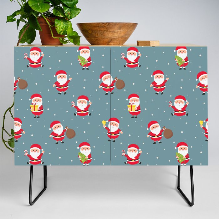 Christmas Seamless Pattern with Santa Claus on Blue Background Credenza