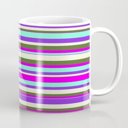 [ Thumbnail: Vibrant Aquamarine, Purple, Beige, Dark Olive Green & Fuchsia Colored Stripes Pattern Coffee Mug ]
