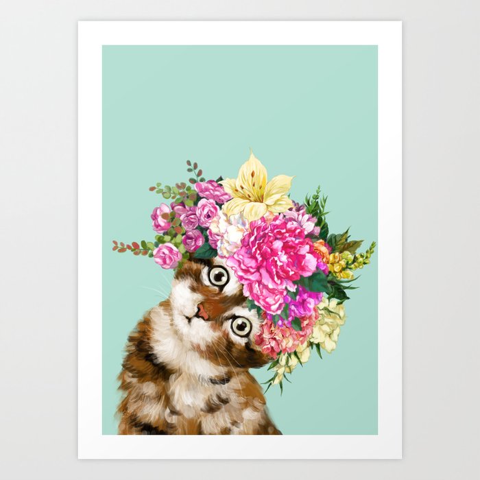Flower Crown Baby Cat in Green Art Print