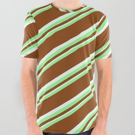 [ Thumbnail: Green, Brown & Mint Cream Colored Lines Pattern All Over Graphic Tee ]