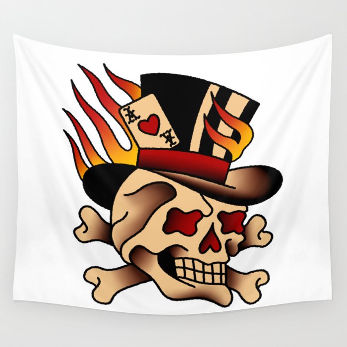 Fiery Top Hat Skull Wall Tapestry