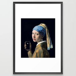 Girl with a pearl earring and an iPhone Framed Art Print