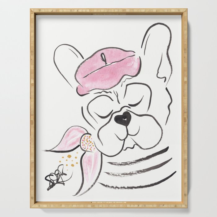 French Bulldog with Beret and Stripes Serving Tray