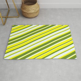 [ Thumbnail: Yellow, Green & Mint Cream Colored Lined Pattern Rug ]