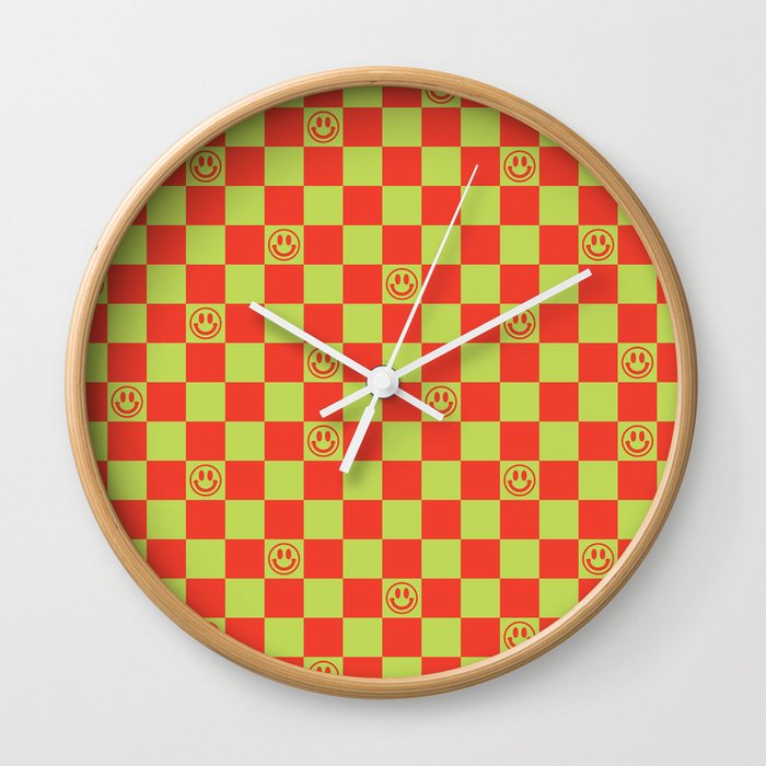 Smiley Face & Checkerboard (Red & Acid Green) Wall Clock