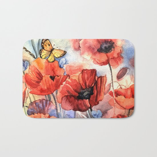 watercolor poppies Bath Mat