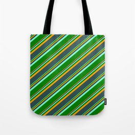 [ Thumbnail: Orange, Dark Slate Gray, Aquamarine, and Green Colored Stripes Pattern Tote Bag ]