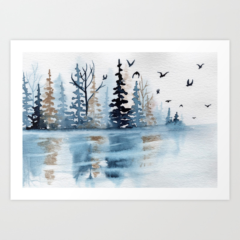 Gold Indigo Forest Watercolor Painting Art Print By