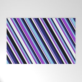 [ Thumbnail: Vibrant Midnight Blue, Sky Blue, Dark Orchid, Mint Cream, and Black Colored Lined/Striped Pattern Welcome Mat ]