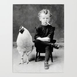 Smoking Boy with Chicken black and white photograph - photography - photographs Poster