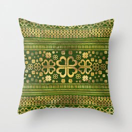 Shamrock Four-leaf Clover Green Wood and Gold Throw Pillow