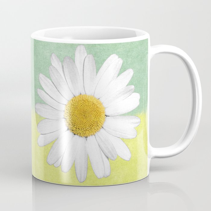 White Marguerite Daisy Flower on Green Yellow Textured Background Coffee Mug