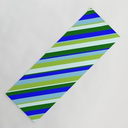 [ Thumbnail: Eye-catching Green, Light Cyan, Dark Green, Blue & Sky Blue Colored Lines/Stripes Pattern Yoga Mat ]