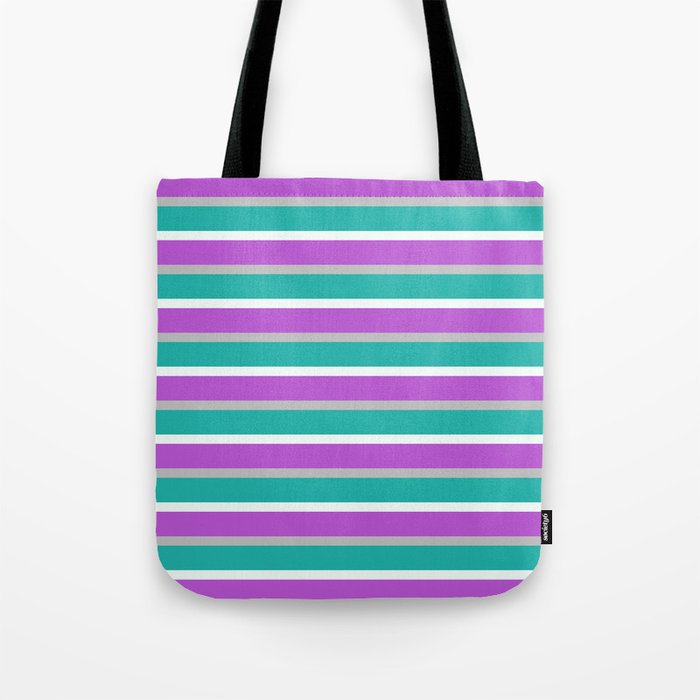 Grey, Light Sea Green, Mint Cream, and Orchid Colored Lined Pattern Tote Bag