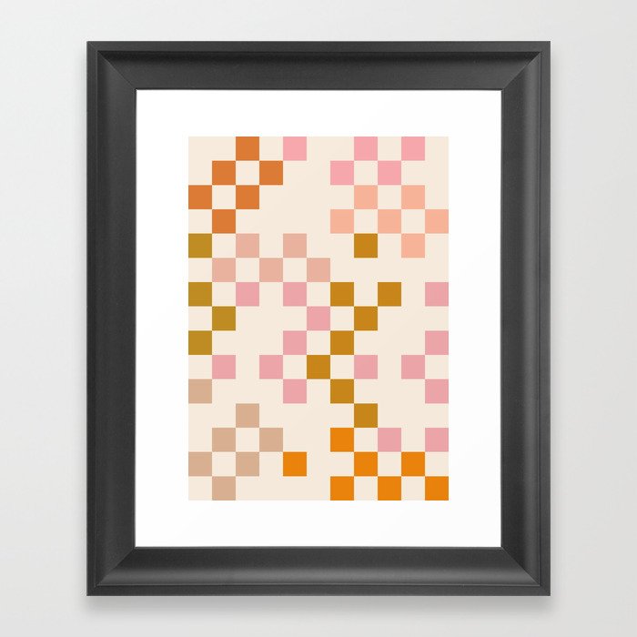 Boho Pink and Orange Checkerboard Framed Art Print