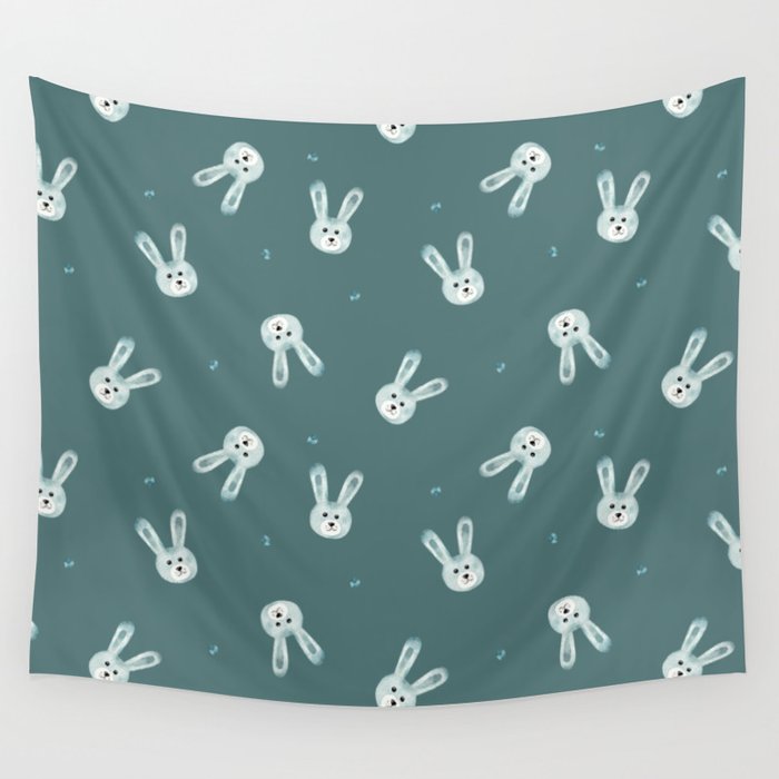 Bunny Faces - Green Wall Tapestry