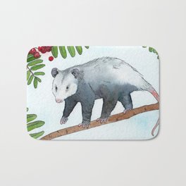 Opossum in a Rowan Tree Bath Mat | Naturalworld, Watercolor, Nature, Rowantree, Furry, Tree, Green, Painting, Naturalscience, Red 