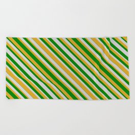 [ Thumbnail: Green, Light Gray, and Goldenrod Colored Striped Pattern Beach Towel ]
