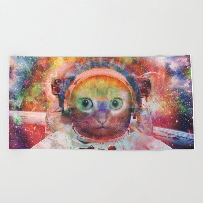 Psychedelic Trippy Cat Astronaut Beach Towel By