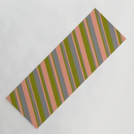 [ Thumbnail: Grey, Dark Salmon & Green Colored Stripes/Lines Pattern Yoga Mat ]